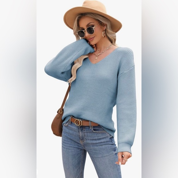 Koinshha Womens V Neck Knitted Pullover Sexy Sweater Cozy Loose Light Blue XXL - Picture 3 of 6